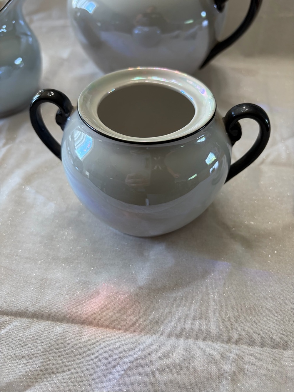 Atlantic Czechoslovakia Sky Blue Luster Ware Black Handle Teapot, Sugar& Creamer - Picture 13 of 16